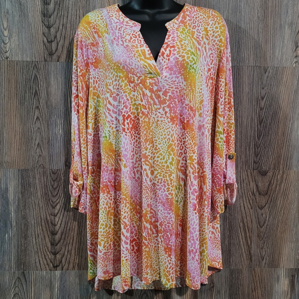 Dear Scarlett Colorful Lightweight Tunic 2X Orange Multi Animal Print Roll Tab